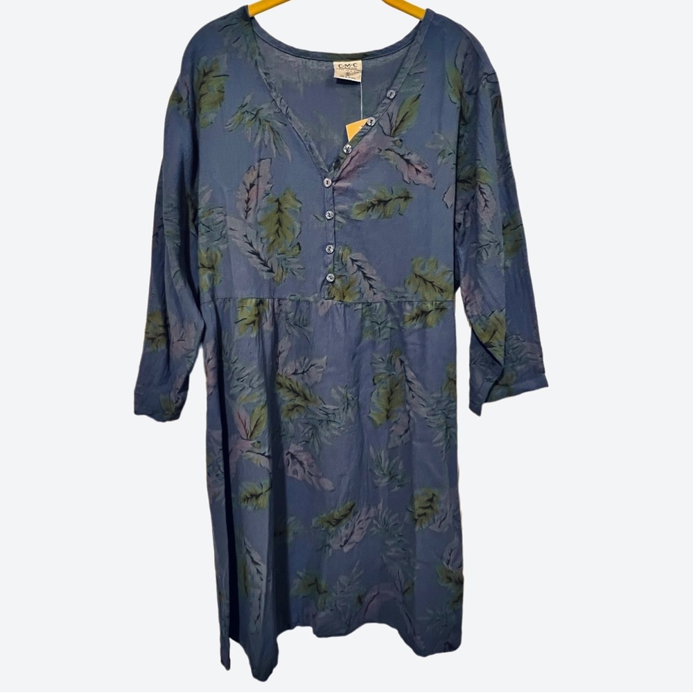 Click CMC Color Me Cotton Dress Lagenlook V-neck Midi Mid-Length Blue Leaf